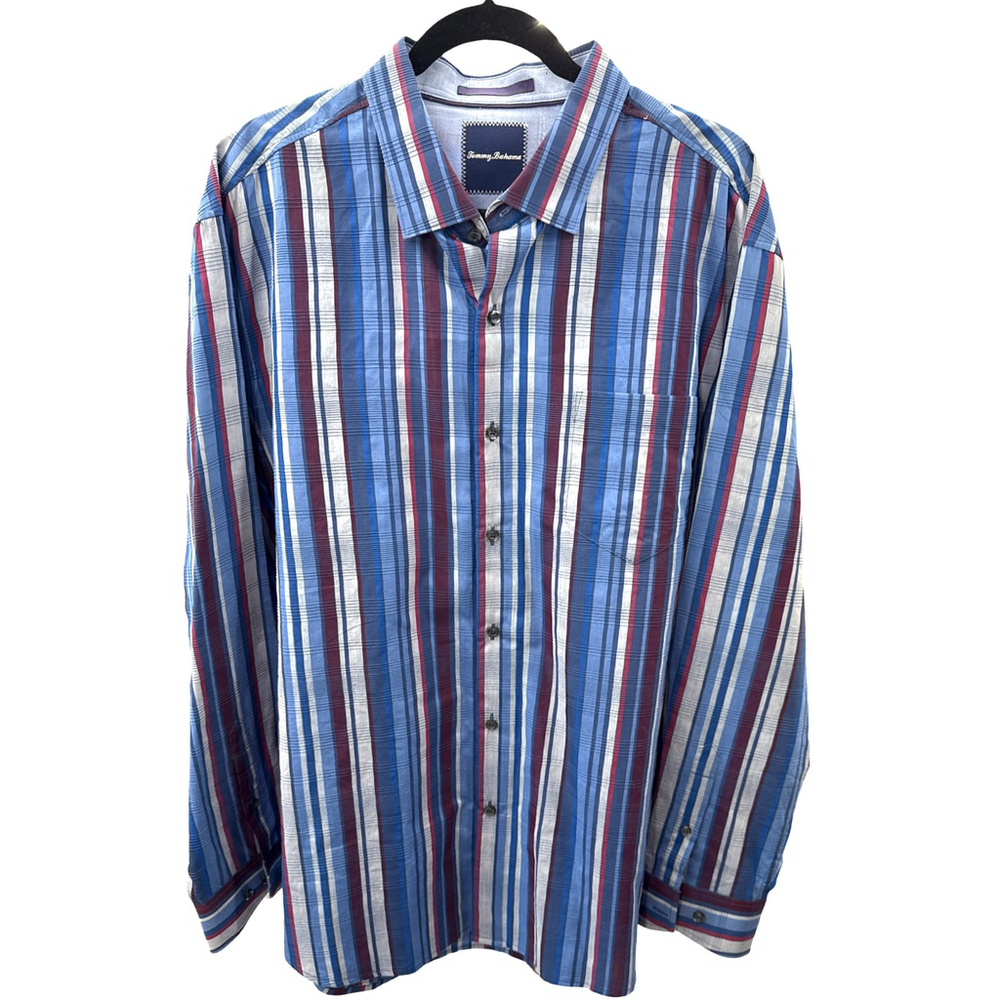 Tommy Bahama XL Men’s Blue Red Stripe Cotton Silk Button Front Shirt‎